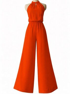 💋 Karina Grimaldi 100% Silk Halter Jumpsuit | Citrus | Size S | Open Back | NWT